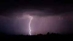 Нощна гръмотевична буря с няколко мълнии над поле, силует на дървета и електропроводи